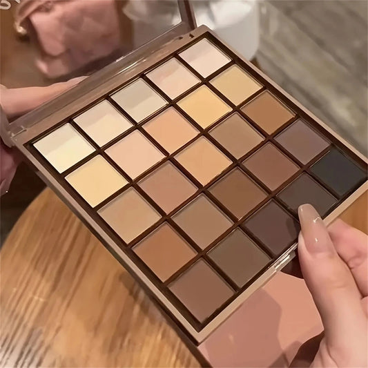 Paleta de Sombras com 25 Cores – Tons Neutros de Cinzento e Castanho Terroso, Estilo Café e Chocolate.