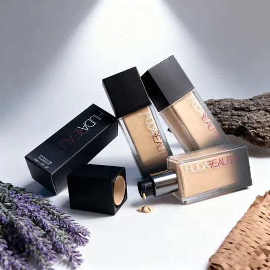 Huda Cosmetics – Base Líquida de Alta Cobertura e Longa Duração.
